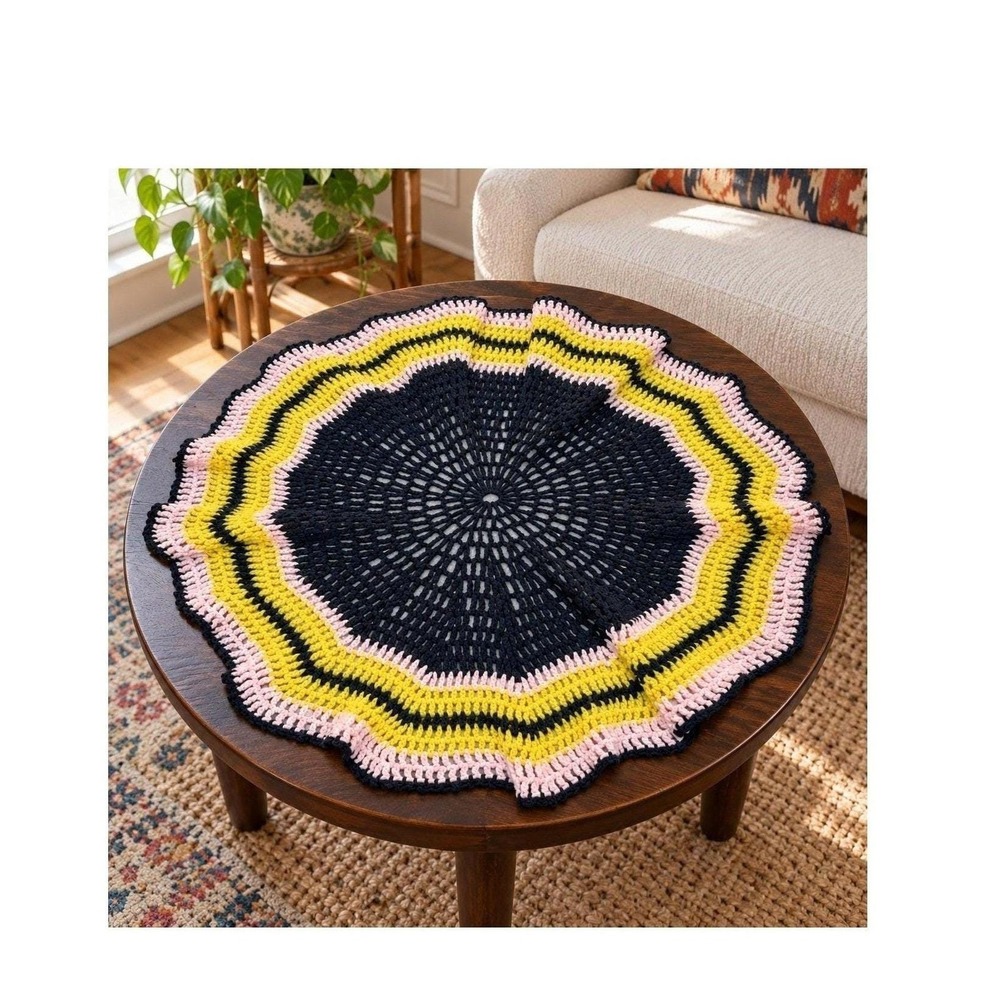 Handmade Crochet Round Table Topper 28" Black Yellow Pink Scalloped Edge